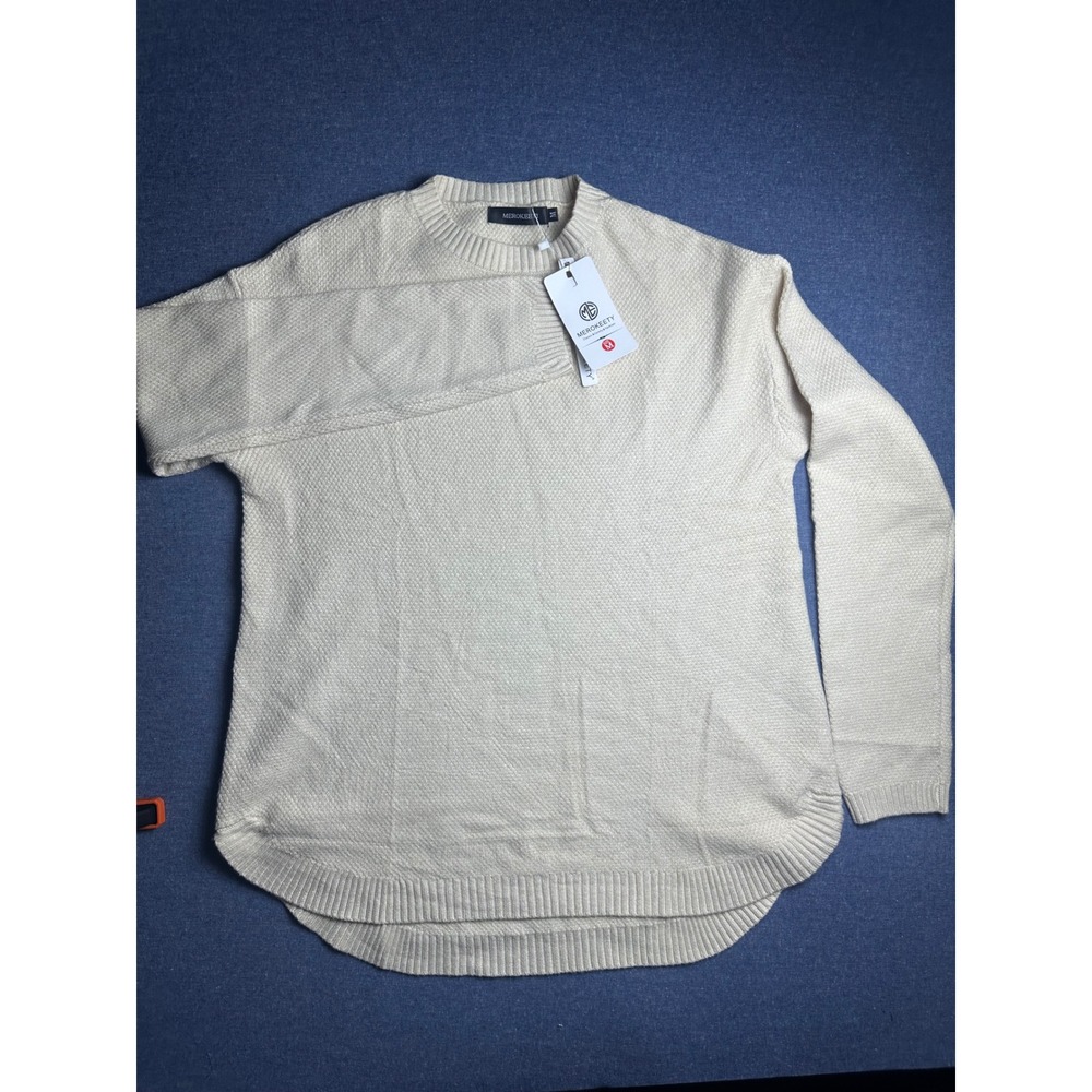 Merokeety Womens Cream Beige Textured Knit Oversized Crewneck Sweater NWT Size M
